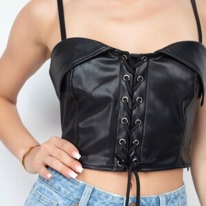 Black Lace-Up Faux Leather Women Crop Top